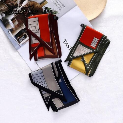 2021 New Designer Geometric Print Silk Long Skinny Bandana Scarf for Purse Handle Foulard Femme Hair Headbands Scarfs for Women