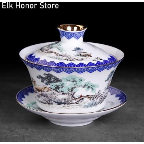 300ml Blue And White Tea Tureen Hand Painted Landscape Art Sancai Tea Cup GaiWan Kung Fu Tea Home Decoration Accessories Gifts