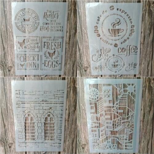 4pcs Size A4 DIY Craft Coffee Stencils for Painting on Wood,Fabric,Walls Art Scrapbooking Stamping Album Embossing Paper Cards