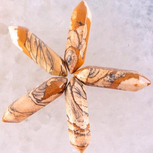 5Pcs 8x32MM Natural Stone Picture Jaspe Hexagonal Healing Pointed Reiki Chakra No Drilling Hole Bead Fit Pendant Jewelry K385