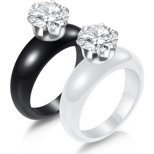 Black White Ceramic Female Rings Stainless Steel Anti Allergies Love Rings For Women Round Zircon Rings Ceramic Jewelry
