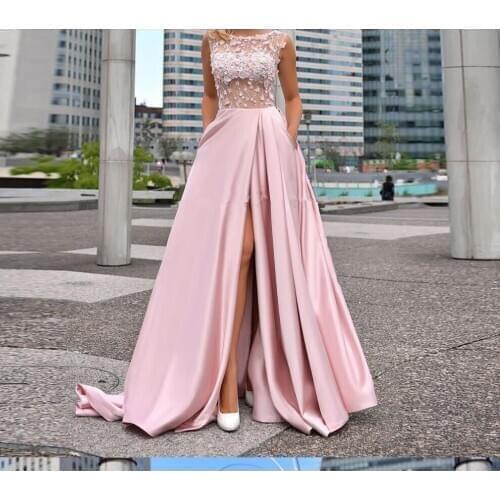 Princess Long Split Side Evening Dresses For Dubai Arabic 2020 Robe De Soiree Beading Flower Prom Dress Satin Party Gown Kaftans