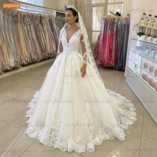 Elegant Long Sleeves Wedding Dresses V Neck Ivory Lace Appliqu Tulle Ball Gown Bridal Dress 2020 White Custom Made Vestido Novia