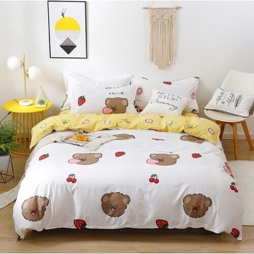 Yellow White Strawberry Bear Kids Comforter Bedding Set Cute Cartoon Fashion King Queen Twin Size Bed Linen Duvet Cover Set Gift