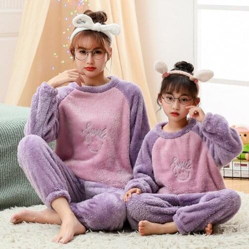 Family Clothing Sets Winter Flannel Sleepwear 2pcs Mother Kids Pyjamas Suits Toddler Pullover+Trousers Homewear Womens Pajamas