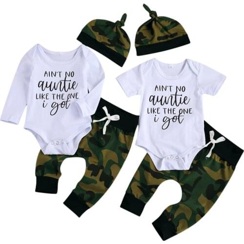 Infant Baby Boys Fall Outfits, Cute Short/Long Sleeve Letter Print Romper + Camo Pants + Top Knot Hat 3Pcs Set
