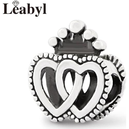 2019 HOT Tibetan Silver Double Heart Little Crown Charm fit Bracelet Necklace Antique Silver Lovers Beads for DIY Jewery Making