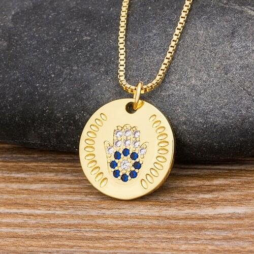 Statement Palm Gold Necklace Round Coin Crystal Pendant Geometric Necklaces For Women Collier Choker Zirconia Jewelry Chokers