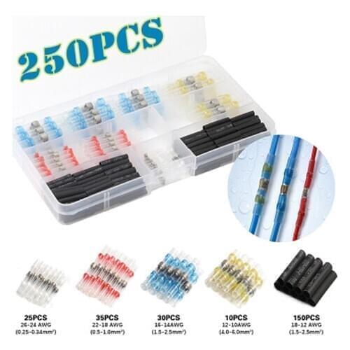 100/250Pcs Solder Seal Wire Connectors Heat Shrink Solder Butt Connectors Terminals Connector Kit Automotive Marine Insulated