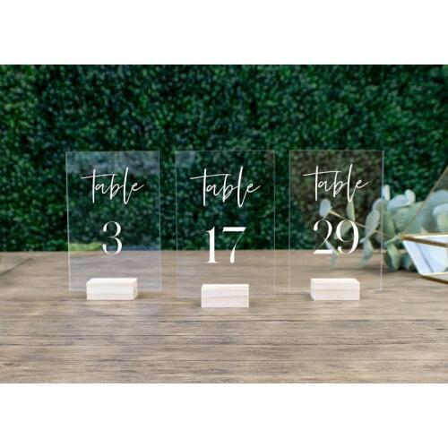 Wedding Table Numbers With Holders Clear Acrylic Calligraphy Wedding Signage Clear Wood Table Number Stand