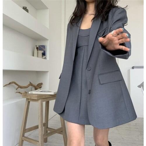 Autumn Fashion 2pc Women Office Lady Blazer Sets Casual Grey Black Blazer Suit Two Pieces Mini Strap Dress&Loose Blazer Suits