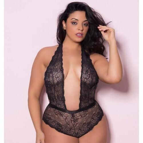 Sexy Hot Women Lace Floral One Piece Large Jumpsuit V-neck Lingerie Erotic Teddies Bodysuit Plus Size XL Costume Purple
