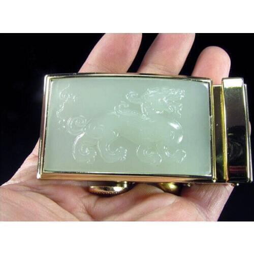 Hetian Jadees Blue and White Jades inlaid with,brave troops,Belt Buckle for Mens Fashion Natural Genuine Belt Buckle