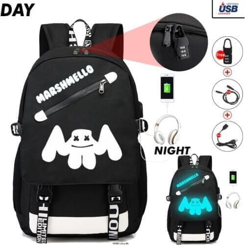 DJ MarshmelloLuminous School Canvas Backpack Student Teen Unisex Laptop USB Charging Port Anti-theft Backpack Breathable Bookbag