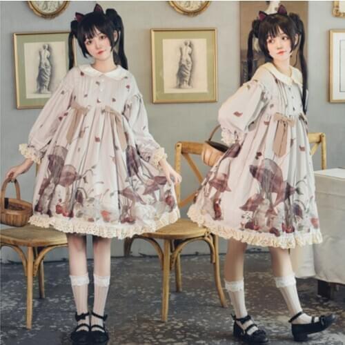Vintage sweet lolita dress lace bowknot peter pan collar lantern sleeve printing victorian dress kawaii girl gothic lolita op