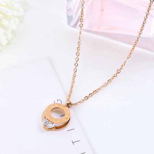 Top Quality Roman Numeral Double Circle Zircon Necklace Stainless Steel Shiny Crystal Ketting Jewelry For Women