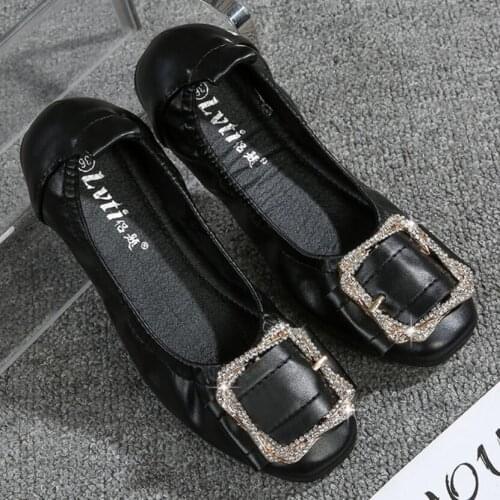 34-43 plus size crystal buckle foldable flats women soft leather moccasins metal decoration egg shoes woman slip on loafers