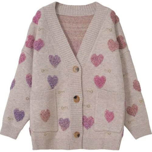Autumn Winter Embroidery Loving Heart Jacquard Cardigans Basic Lady Sweater Single Breasted Pockets Women Loose V-Neck Jumpers