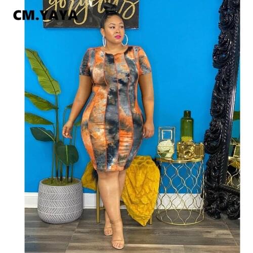 CM.YAYA Women Plus Size Dress Tie Dye Print Short Sleeve O-neck Bodycon Pencil Dresses High Streetwear Fashion Vestidos Summer