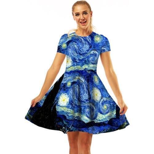 Van Gogh The Starry Night Print Dress For Women Street Fashion Galaxy Print Dress Girls Summer Cute Paint Style Dress