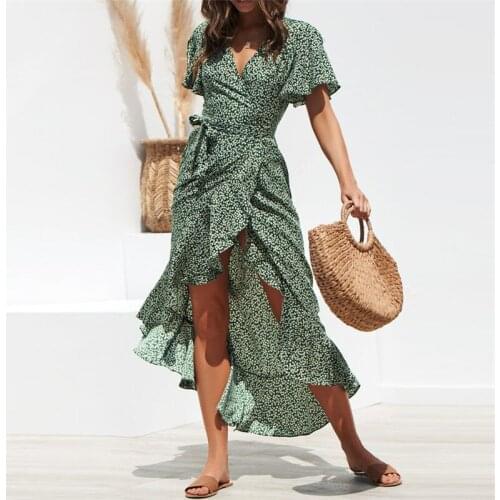 Summer Dresses For Women Chiffon Floral Fashion Printed Sexy Boho Dress Vintage Bohemian Beach Lace-Up Robe Femme Ete 2021