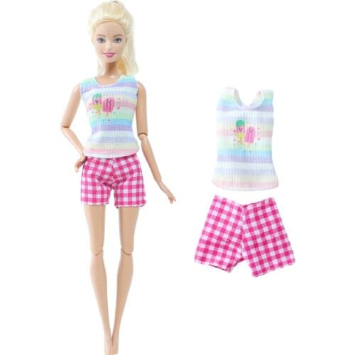 1 Suit Handmade Doll Clothes Striped Vest Pink Plaid Shorts Daily Wear T-shirt Girl Outfit for Barbie Doll Accessories Toy Gift