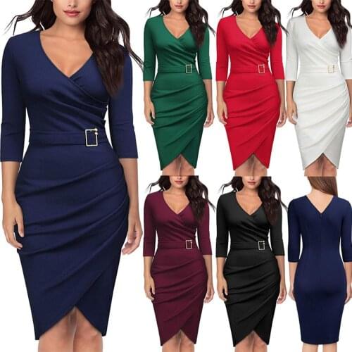 2019 Sexy Women Deep V Neck 3/4 Sleeve Cross Wrapped Irregular Hem Banquet Mini Dress Party Wedding Elegant dress