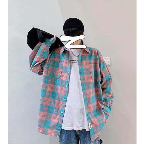 2021 Mens Lattice Printing Nice Shirt Fashion Student Loose Casual Long Sleeve Clothes Shirt Multicolor Camisa Masculina