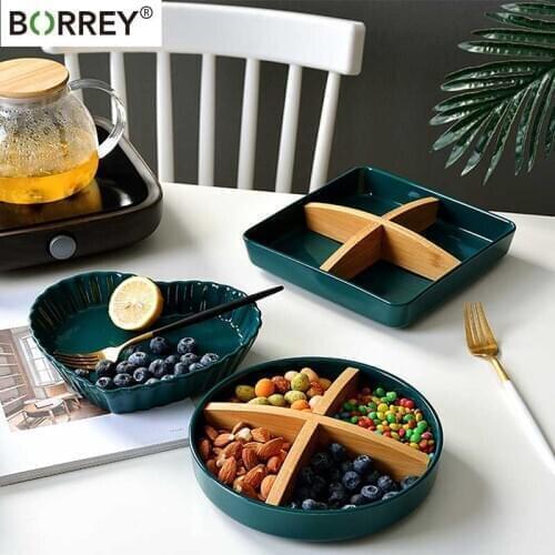 BORREY Ceramic Snack Platter with Partition Fruit Plate Snack Plate Snack Nut Desserts Cake Tray Home Living Roomstorage Box