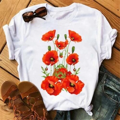 Red Poppy Women T Shirt Casual Funny Tshirts Kawaii Tees Top Hipster Tumblr Female Harajuku Short Sleeves Shirts Woman Clothes