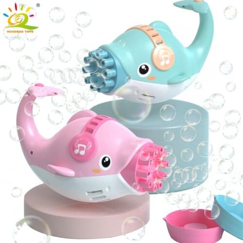 HUIQIBAO TOYS Kids Automatic Dolphin Summer Soap Water Bubble Machine Plastic Electric Magic Bubble Machine Children Bath Toys