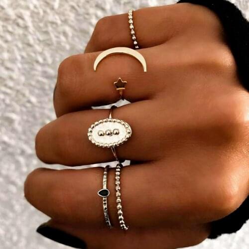 5pcs Set European And American Exaggerated Ring Inlaid Geometric Fashion Moon Star Ring Colored Diamond Joint Ring