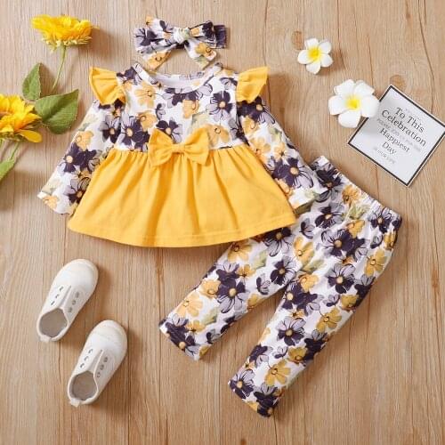 0-24M Newborn Girl Clothes Baby Girl Clothes Set Fall Yellow Print Floral Bow Top + Floral Pants Toddler Baby Girl Outfit