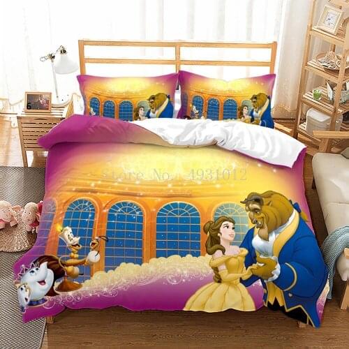 Beauty and The Beast Bedding Set Queen King Size Duvet Cover Set Soft Comforter Cover with Pillowcase Set for Girls Home Bedroom
