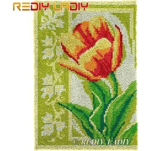 Latch Hook Rug Tulips Flowers Plush Tapestry Kit Crochet Cushion Mat DIY Carpet Rug Home Decor Chunky Yarn Arts & Crafts 58*87cm