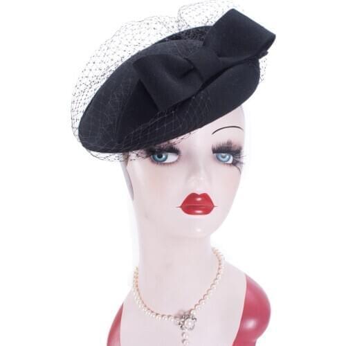 Lawliet Lawliet Womens Wool Felt Queen Kate Shape Beret Hats Bow Ribbon Cocktail Race Modern Pillbox hat A506