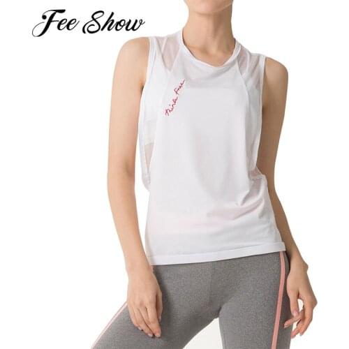 New Women Letter Embroidery Mesh Patchwork Tank Top T-shirts Summer Solid Color Round Neck Sleeveless Hollow Out Sport Vest Tops