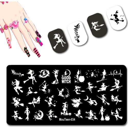 Broom Witch Stamping Plates Besom Lady Nail Art Stamper Triangle Hat Flying Women Transfer Printing For Nail Art Design #034