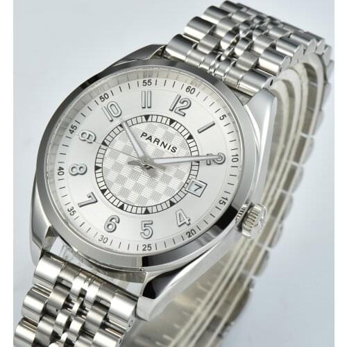 Parnis 40MM Sapphire Mens Automatic Watch Japan Miyota 8215 Silver Face 316L Bracelet Date Window Pull/Push Crown New Arrival
