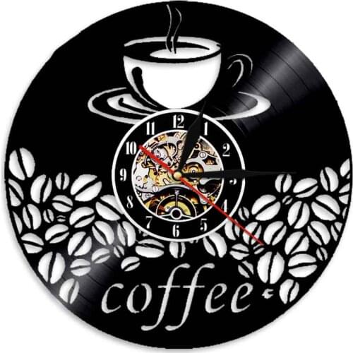 Coffee Time Vinyl Record Wall Clock Coffee Bean and Coffee Cup Clock Cafe Shop Barista Office Decor 3D Modern Hanging Watch