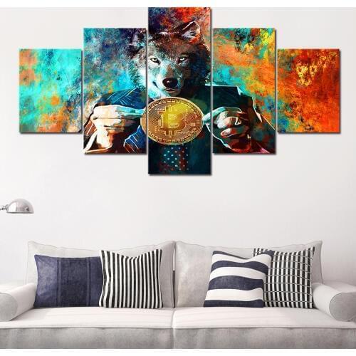 Wall Art Pictures Modular Canvas Home Decor 5 Pieces Mr. Wolf And Bitcoins Painting HD Printed Color Abstract Coin Poster Frame