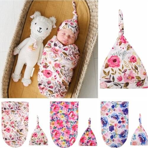Floral Printed Newborn Baby Bebe Swaddle Wrap Knotted Hat 2 Pcs Set Infant Photography Shooting Props