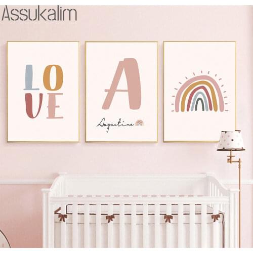 Girl Custom Name Canvas Print Nursery Wall Art Painting Love Rainbow Poster Nordic Wall Pictures For Girls Room Decoration