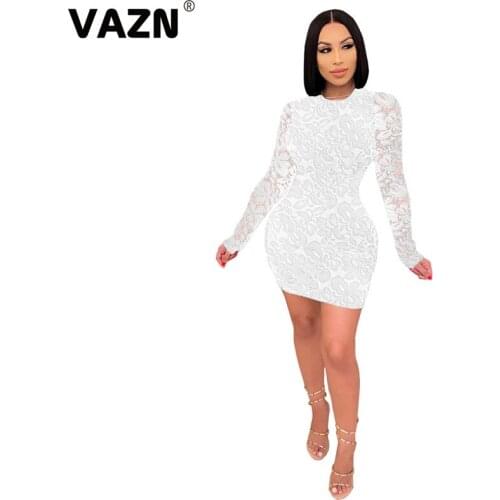 VAZN 2020 Hot Sales Joker Young Sexy Elegant Solid Little Chap Designer Full Sleeve Women High Waist Thin Mini Dress