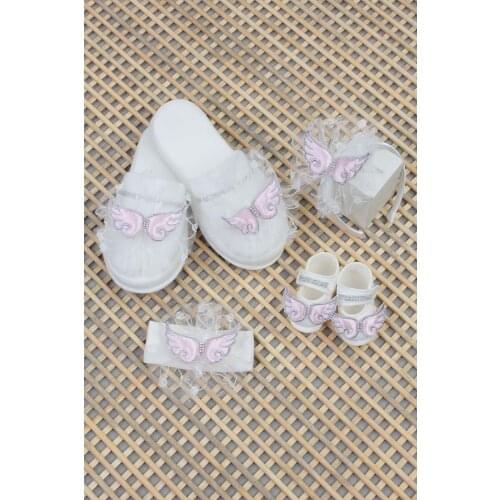 Pink Baby Girl Mom Slippers Combination Angel Winged Pregnant Comfortable Crown Slippers and Baby Booties Bandana Set Models