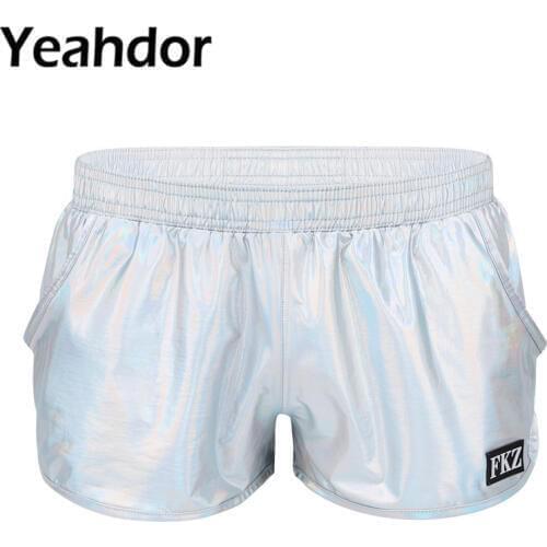 Sexy Mens Shiny Metallic Shorts Homme Low Rise Elastic Waistban Boxer Shorts Stage Performance Party Clubwear Costume Trunks