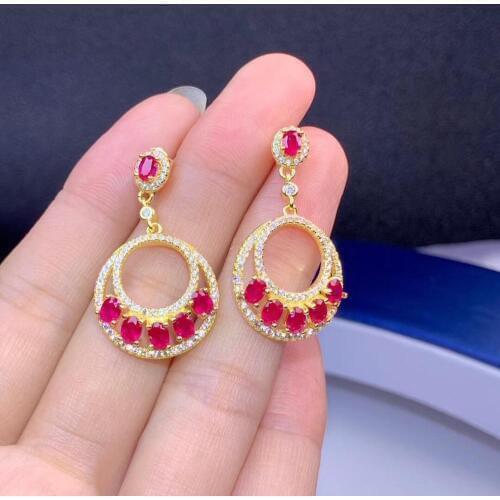 Natural ruby earrings, 925 Sterling silver, luxury European and American style, wholesale price