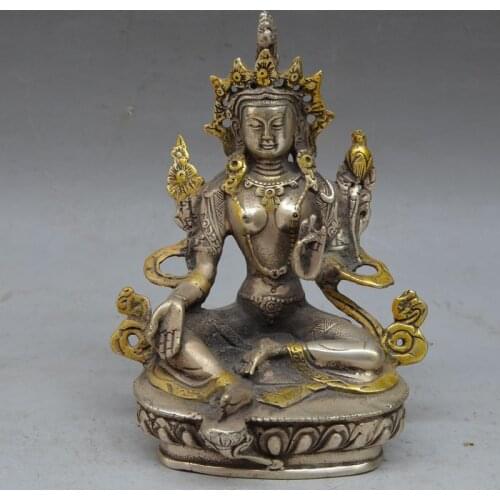 Tibet Buddhism Silver copper Gilt Green Tara Kwan-Yin Bodhisattva Buddha statue