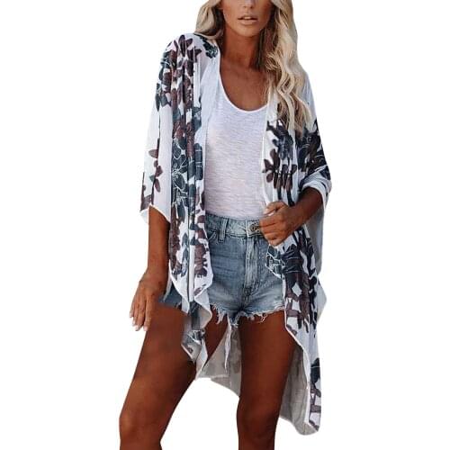 Boho Vintage Tops Beachwear Shawl Tops Cover Up Chiffon Shirts Floral Print Open Front Long Robes Female Maxi Kimono Loose Tops