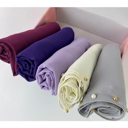 High Quality Bubble Chiffon Pearl Hijab Solid Muslim Scarf Ladies Shawl Wrap Custom Female Foulard Hijab Stoles 5pcs/Gift Box